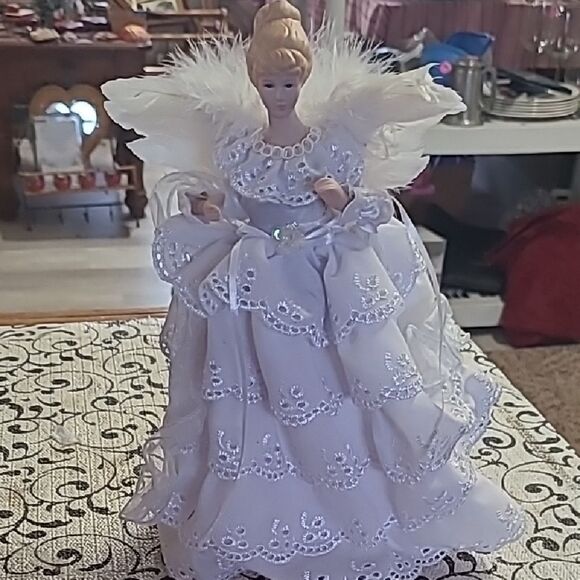 Elegant White Angel Tree Topper with Feathered Wings - Picture 1 of 4